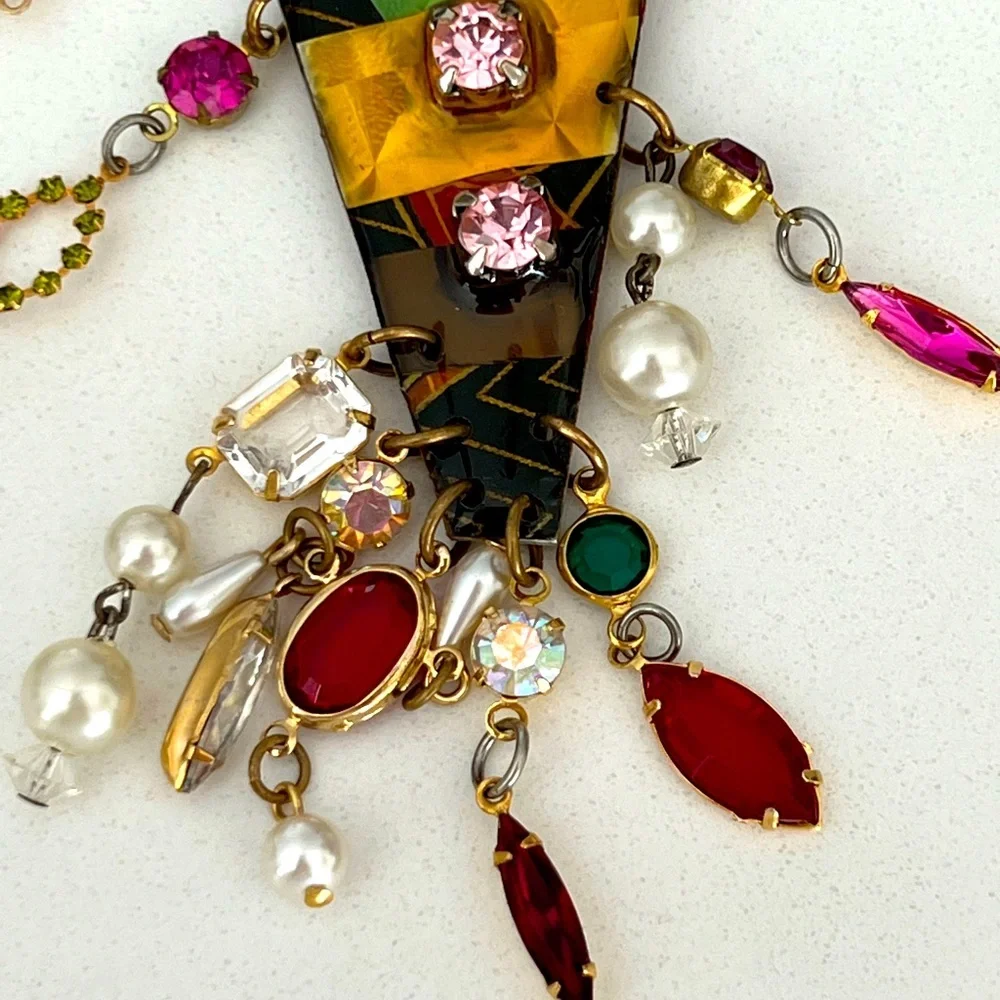 Vintage 80s Mod Long Enamel Gems Pearls Dangles​